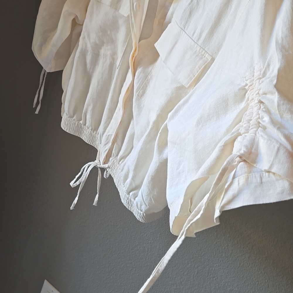 New Loft Utility Button Up Shirt Linen Blend Cinch Sleeve Ties S Layer Cropped - Picture 3 of 8